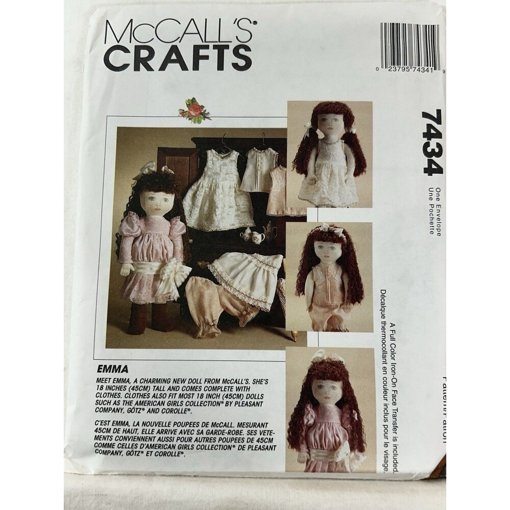 McCall's 7434 Emma 18" Doll Clothes Sewing Pattern American Girl Uncut